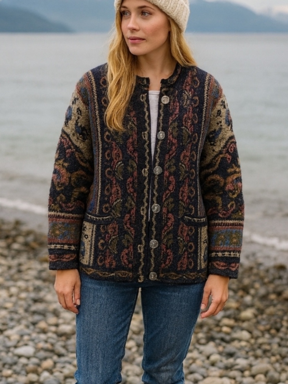Wool 100% Button-Front Fair Isle Cardigan Sweater - Multi-Color
